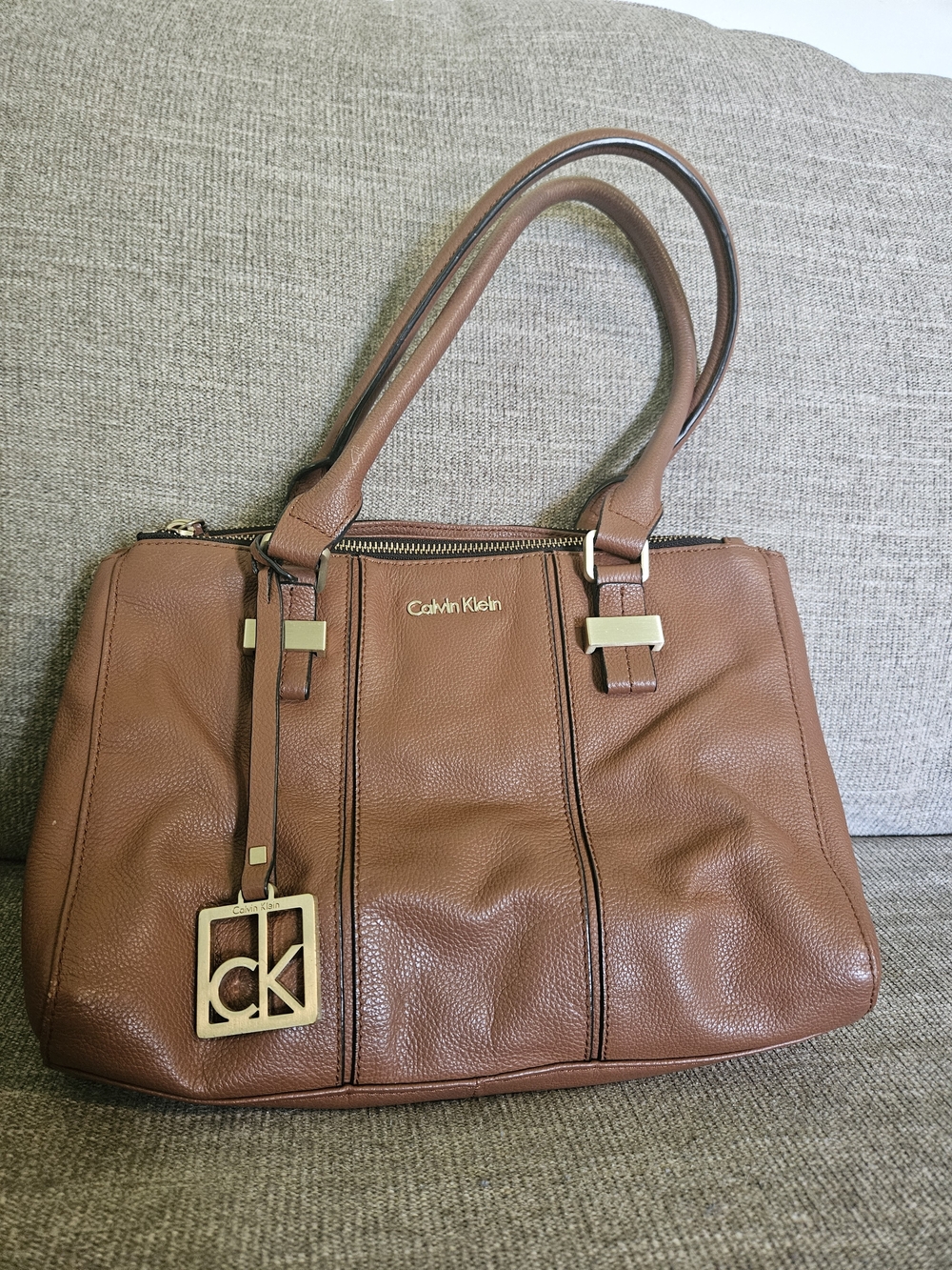 Calvin Klein Cognac Pebbled Leather Shoulder Bag with Gold Hardware